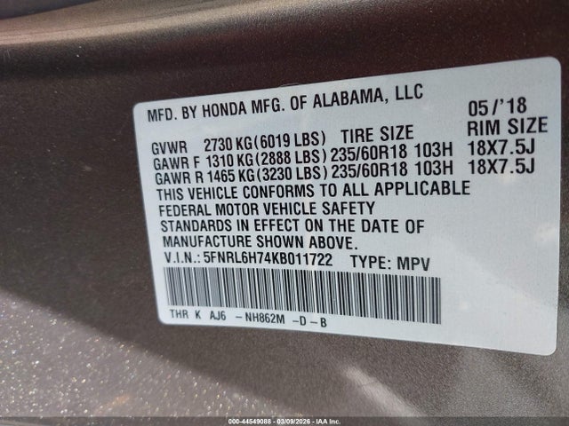 5FNRL6H74KB011722 Honda Odyssey Ex-l