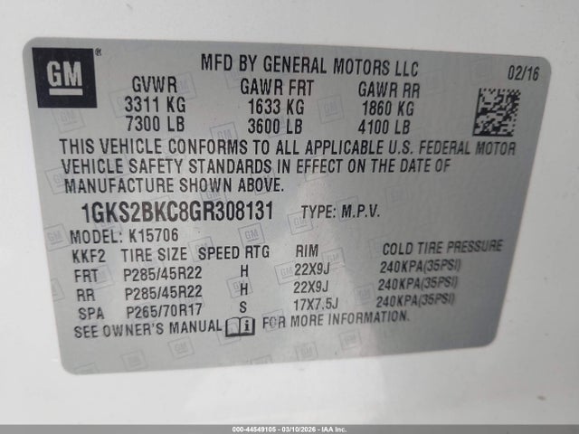 Aukcja sprzedaży 2016 Gmc Yukon Slt, vin: 1GKS2BKC8GR308131, numer aukcji: 44549105