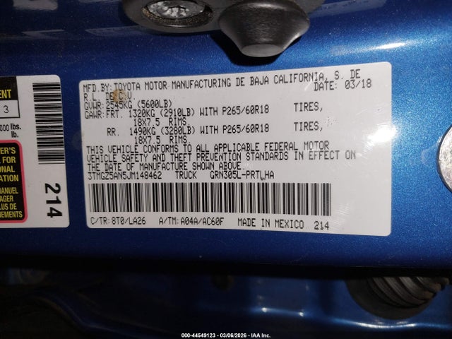44549123 :رقم المزاد ، 3TMGZ5AN5JM148462 vin ، 2018 Toyota Tacoma Limited مزاد بيع
