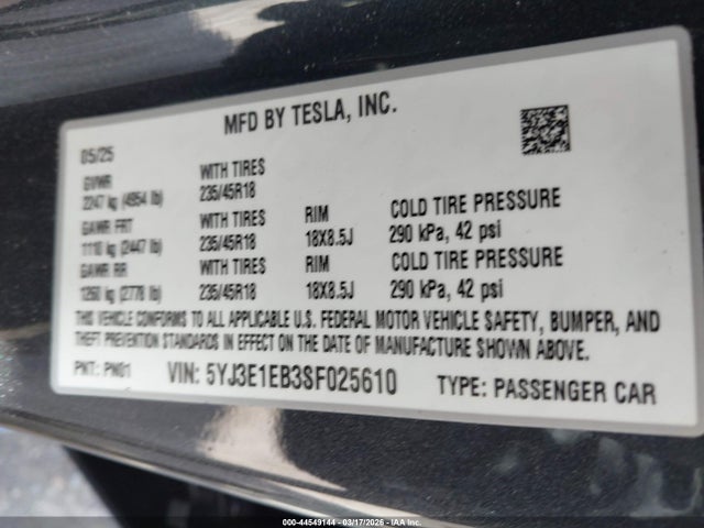 Продаж на аукціоні авто 2025 Tesla Model 3 Long Range All-wheel Drive, vin: 5YJ3E1EB3SF025610, номер лоту: 44549144