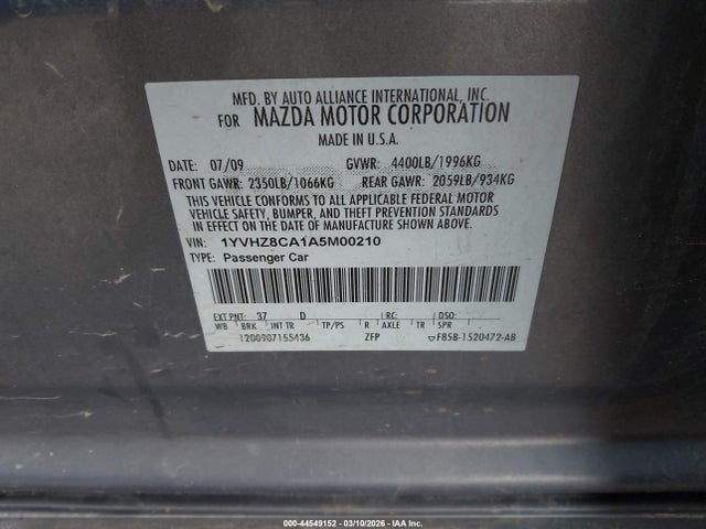 Aukcja sprzedaży 2010 Mazda Mazda6 I Touring Plus, vin: 1YVHZ8CA1A5M00210, numer aukcji: 44549152