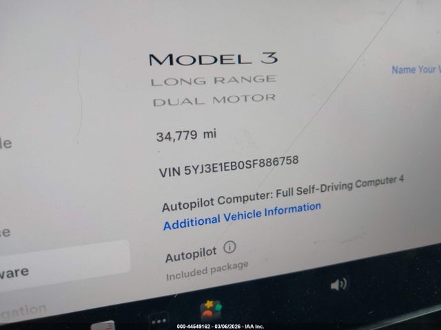 Aukcja sprzedaży 2025 Tesla Model 3 Long Range All-wheel Drive, vin: 5YJ3E1EB0SF886758, numer aukcji: 44549162