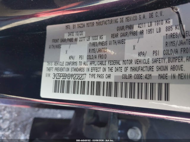 Продаж на аукціоні авто 2021 Mazda Mazda3 Select, vin: 3MZBPBBM8MM208207, номер лоту: 44549192