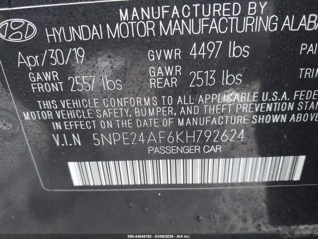 2019 Hyundai Sonata Se მანქანა იყიდება აუქციონზე, vin: 5NPE24AF6KH792624, აუქციონის ნომერი: 44549193