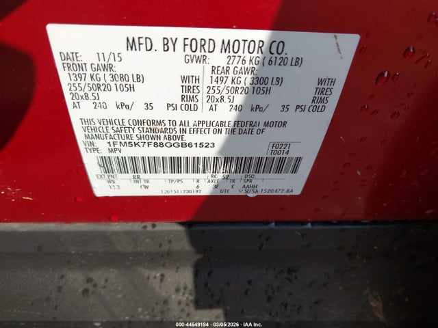 44549194 :رقم المزاد ، 1FM5K7F88GGB61523 vin ، 2016 Ford Explorer Limited مزاد بيع