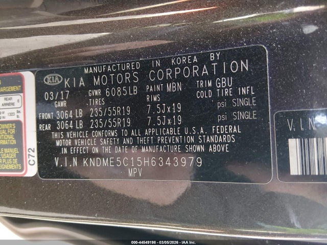 Aukcja sprzedaży 2017 Kia Sedona Sx Luxury, vin: KNDME5C15H6343979, numer aukcji: 44549198