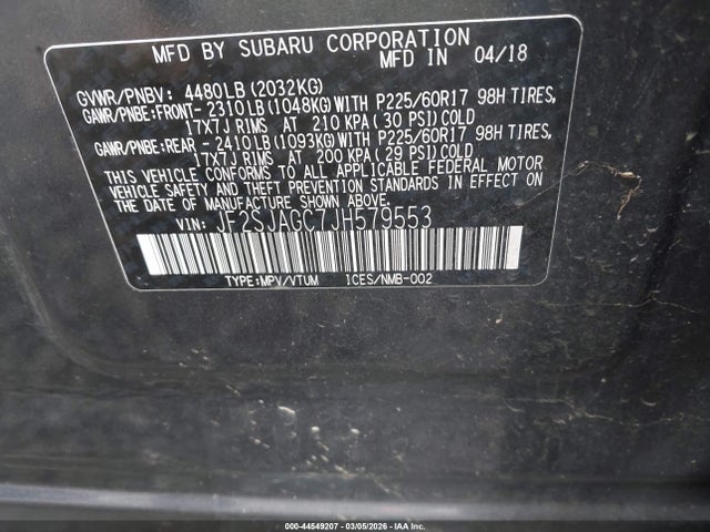Aukcja sprzedaży 2018 Subaru Forester 2.5i Premium, vin: JF2SJAGC7JH579553, numer aukcji: 44549207