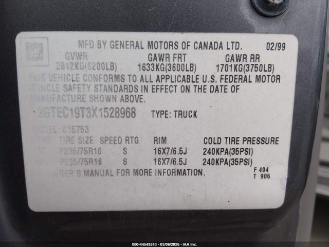 44549243 :رقم المزاد ، 2GTEC19T3X1528968 vin ، 1999 Gmc Sierra 1500 Sle مزاد بيع