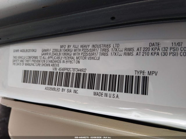 Продаж на аукціоні авто 2008 Subaru Outback 2.5i Limited/2.5i Limited L.l. Bean Edition, vin: 4S4BP62C787344602, номер лоту: 44549278