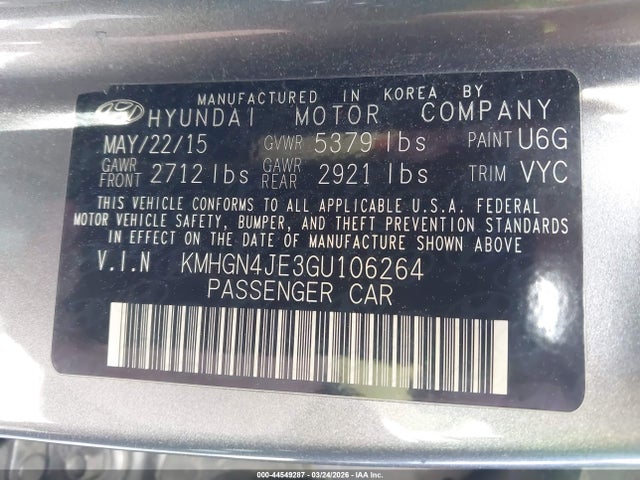 44549287 :رقم المزاد ، KMHGN4JE3GU106264 vin ، 2016 Hyundai Genesis 3.8 مزاد بيع