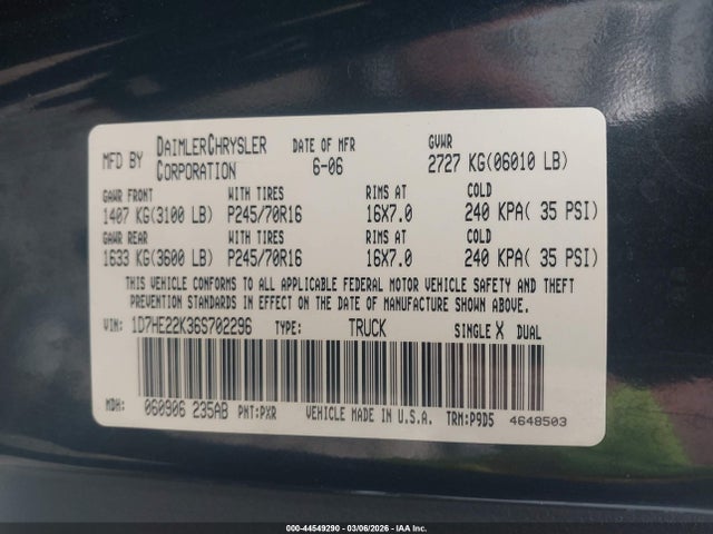 Продаж на аукціоні авто 2006 Dodge Dakota St, vin: 1D7HE22K36S702296, номер лоту: 44549290