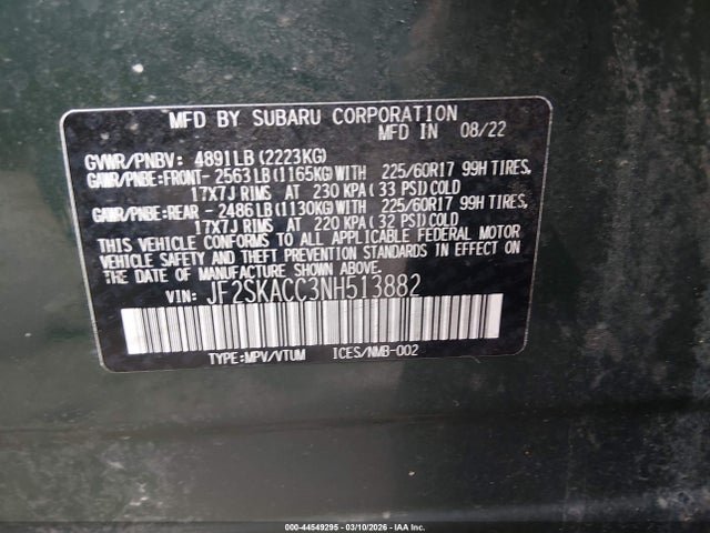 Продаж на аукціоні авто 2022 Subaru Forester, vin: JF2SKACC3NH513882, номер лоту: 44549295