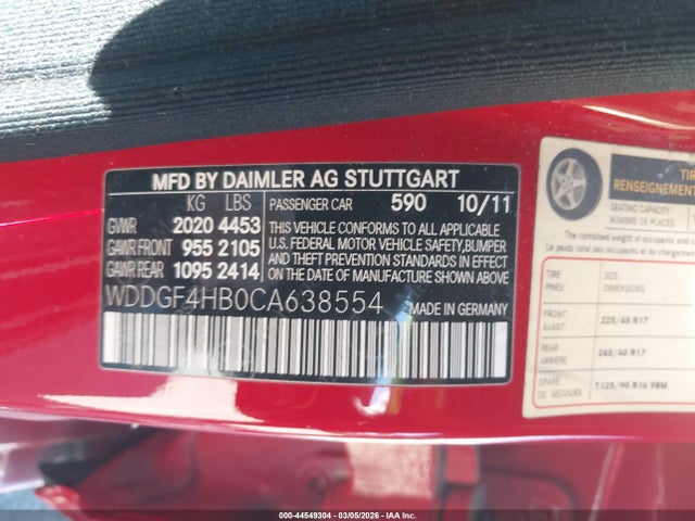 44549304 :رقم المزاد ، WDDGF4HB0CA638554 vin ، 2012 Mercedes-benz C 250 Sport مزاد بيع