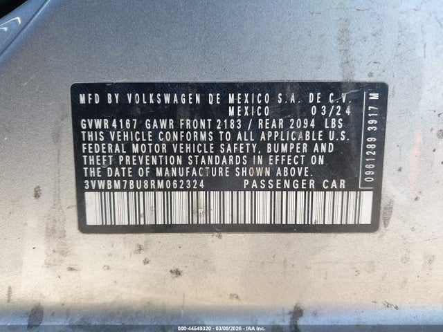 Продаж на аукціоні авто 2024 Volkswagen Jetta 1.5t Sport, vin: 3VWBM7BU8RM062324, номер лоту: 44549320