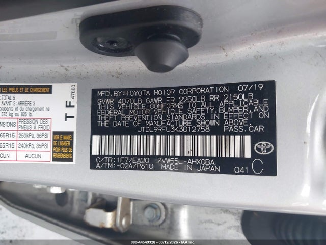 Продаж на аукціоні авто 2019 Toyota Prius Xle, vin: JTDL9RFU3K3012758, номер лоту: 44549328