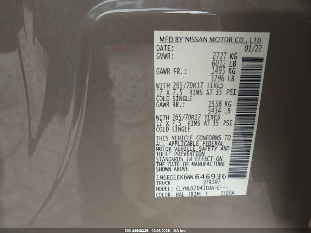 1N6ED1EK6NN646936 Nissan Frontier Pro-4x 4x4