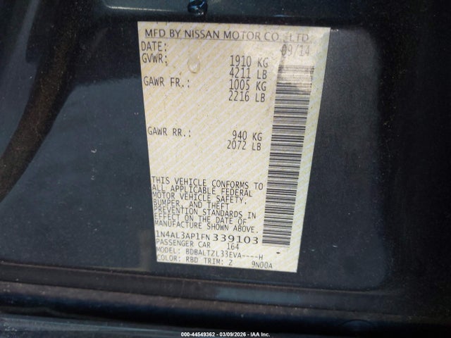 1N4AL3AP1FN339103 Nissan Altima 2.5 Sl