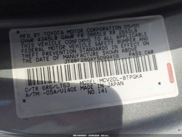 Aukcja sprzedaży 2000 Lexus Es 300, vin: JT8BF28GXY5099458, numer aukcji: 44549367