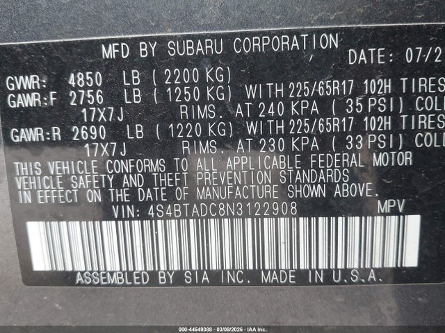 44549388 :رقم المزاد ، 4S4BTADC8N3122908 vin ، 2022 Subaru Outback Premium مزاد بيع