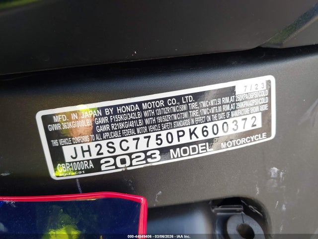 Продаж на аукціоні авто 2023 Honda Cbr1000 Ra, vin: JH2SC7750PK600372, номер лоту: 44549406