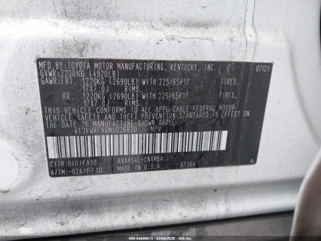 4T3RWRFV6MU026830 Toyota Rav4 Hybrid Xle