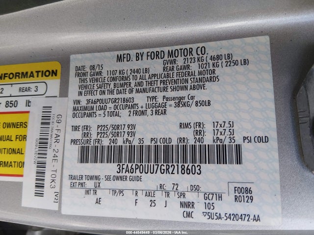 Aukcja sprzedaży 2016 Ford Fusion Hybrid S, vin: 3FA6P0UU7GR218603, numer aukcji: 44549449