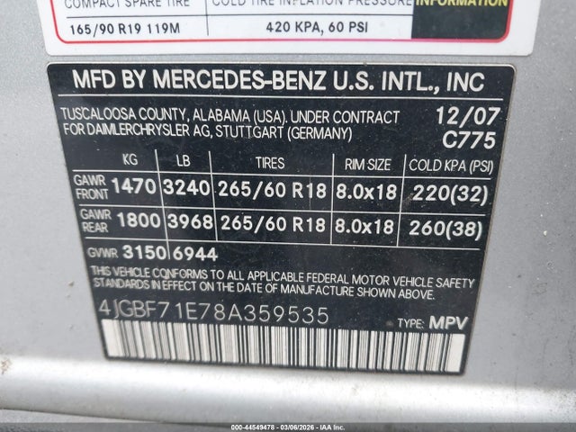 Aukcja sprzedaży 2008 Mercedes-benz Gl 450 4matic, vin: 4JGBF71E78A359535, numer aukcji: 44549478