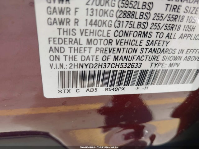 Продаж на аукціоні авто 2012 Acura Mdx Technology Package, vin: 2HNYD2H37CH532633, номер лоту: 44549480