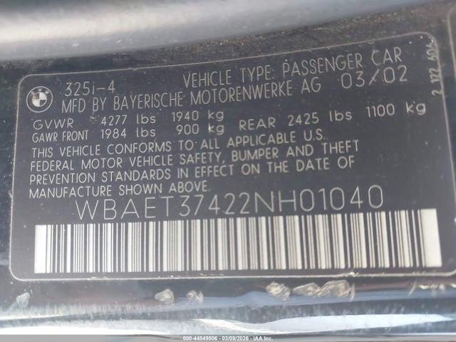 2002 Bmw 325i მანქანა იყიდება აუქციონზე, vin: WBAET37422NH01040, აუქციონის ნომერი: 44549506