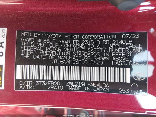 JTDBCMFE6PJ015620 Toyota Corolla Hybrid Le