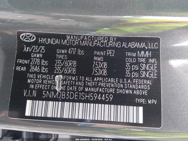 2025 Hyundai Tucson Sel მანქანა იყიდება აუქციონზე, vin: 5NMJB3DE1SH594459, აუქციონის ნომერი: 44549525