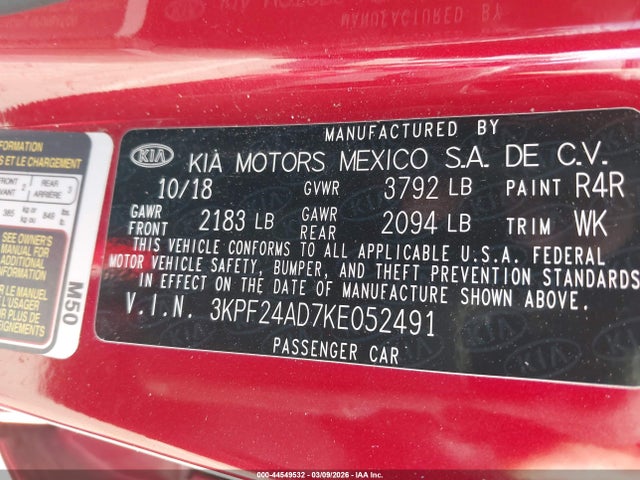 2019 Kia Forte Lxs მანქანა იყიდება აუქციონზე, vin: 3KPF24AD7KE052491, აუქციონის ნომერი: 44549532