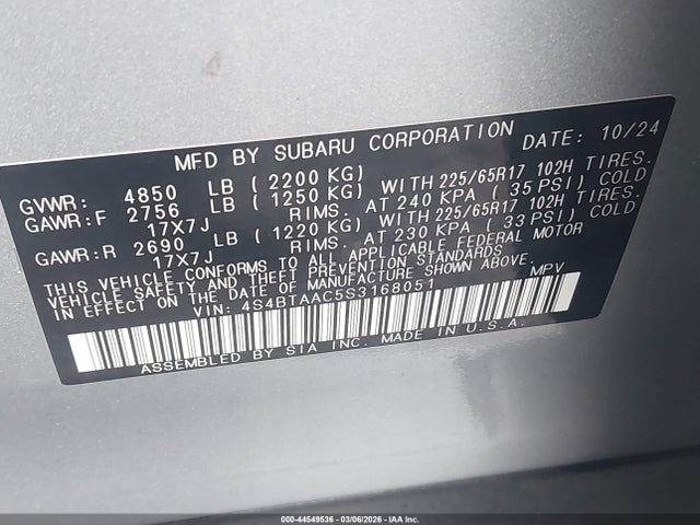 44549536 :رقم المزاد ، 4S4BTAAC5S3168051 vin ، 2025 Subaru Outback مزاد بيع