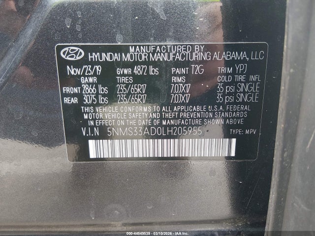Hyundai Santa Fe Sel 2020 5NMS33AD0LH205955 Image 9
