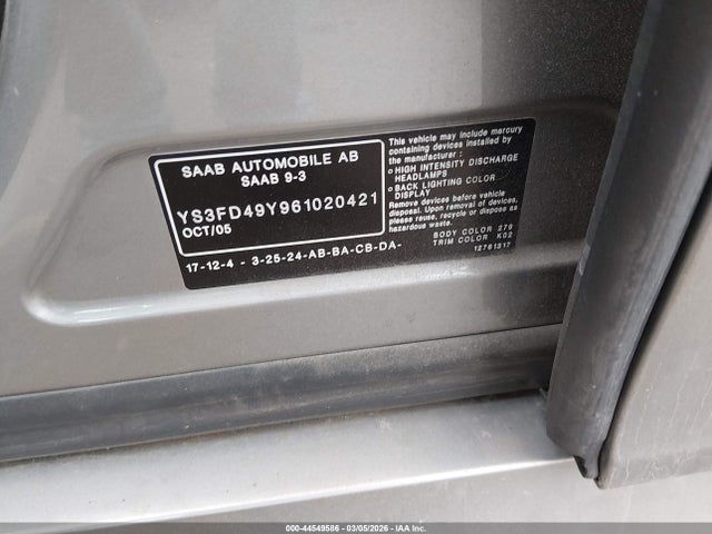 Продаж на аукціоні авто 2006 Saab 9-3 2.0t, vin: YS3FD49Y961020421, номер лоту: 44549586