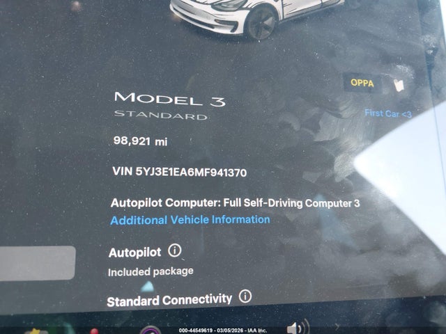 44549619 :رقم المزاد ، 5YJ3E1EA6MF941370 vin ، 2021 Tesla Model 3 Standard Range Plus Rear-wheel Drive مزاد بيع