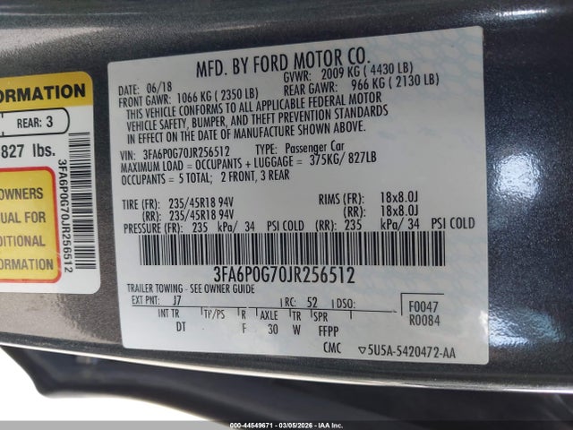 Aukcja sprzedaży 2018 Ford Fusion S, vin: 3FA6P0G70JR256512, numer aukcji: 44549671
