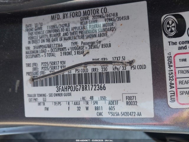 2011 Ford Fusion Sel მანქანა იყიდება აუქციონზე, vin: 3FAHP0JG7BR172366, აუქციონის ნომერი: 44549677