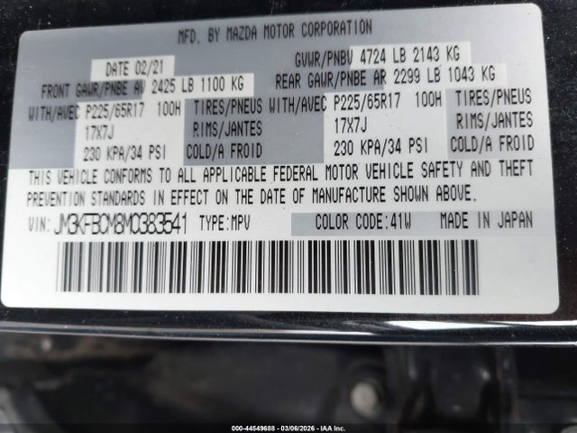 44549688 :رقم المزاد ، JM3KFBCM8M0383541 vin ، 2021 Mazda Cx-5 Touring مزاد بيع