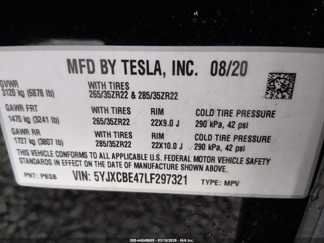 2020 Tesla Model X Performance Dual Motor All-wheel Drive მანქანა იყიდება აუქციონზე, vin: 5YJXCBE47LF297321, აუქციონის ნომერი: 44549689
