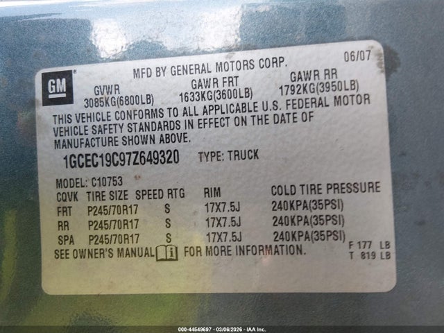 2007 Chevrolet Silverado 1500 Work Truck მანქანა იყიდება აუქციონზე, vin: 1GCEC19C97Z649320, აუქციონის ნომერი: 44549697