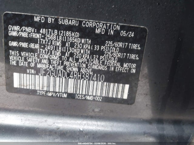 Aukcja sprzedaży 2024 Subaru Crosstrek Premium, vin: JF2GUADC4RH387410, numer aukcji: 44549704