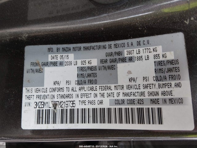 2015 Mazda Mazda3 I Touring მანქანა იყიდება აუქციონზე, vin: 3MZBM1L72FM219735, აუქციონის ნომერი: 44549715