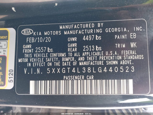 44549726 :رقم المزاد ، 5XXGT4L38LG440523 vin ، 2020 Kia Optima Lx مزاد بيع