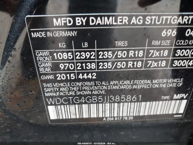 Продаж на аукціоні авто 2018 Mercedes-benz Gla 250 4matic, vin: WDCTG4GB5JJ385861, номер лоту: 44549741