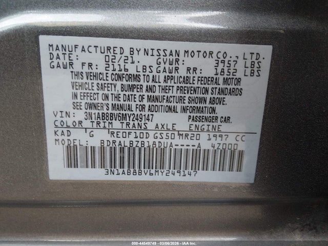 44549749 :رقم المزاد ، 3N1AB8BV6MY249147 vin ، 2021 Nissan Sentra S Xtronic Cvt مزاد بيع