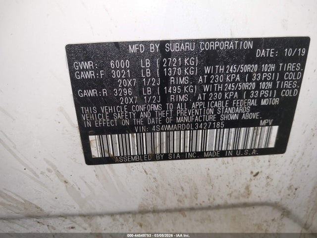 2020 Subaru Ascent Touring მანქანა იყიდება აუქციონზე, vin: 4S4WMARD0L3427185, აუქციონის ნომერი: 44549753