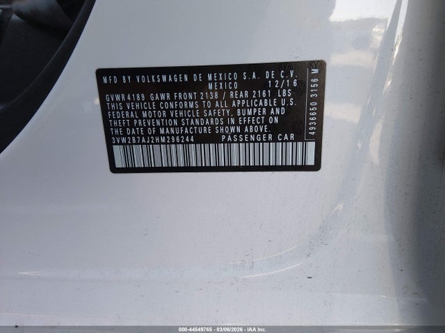 Продажа на аукционе авто 2017 Volkswagen Jetta 1.4t S, vin: 3VW2B7AJ2HM296244, номер лота: 44549765