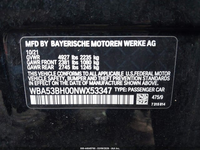 Aukcja sprzedaży 2022 Bmw 530 I, vin: WBA53BH00NWX53347, numer aukcji: 44549768