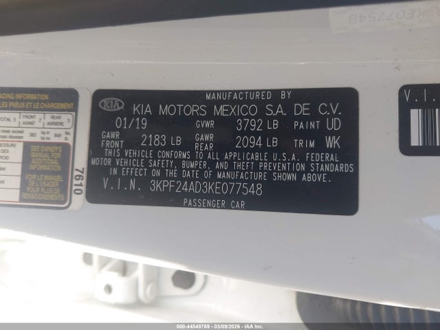 2019 Kia Forte Lxs მანქანა იყიდება აუქციონზე, vin: 3KPF24AD3KE077548, აუქციონის ნომერი: 44549769